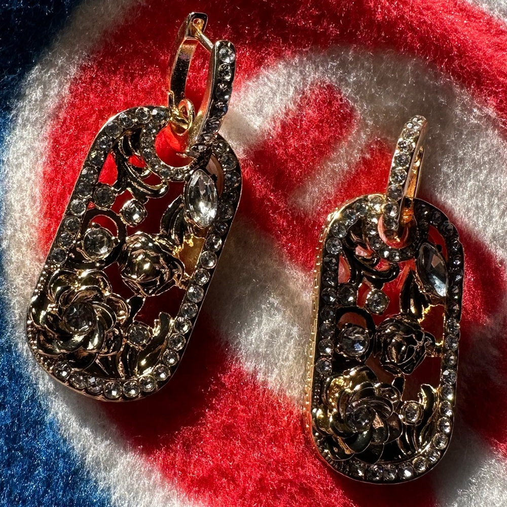 Medusa rhinestone dog tag huggie earrings